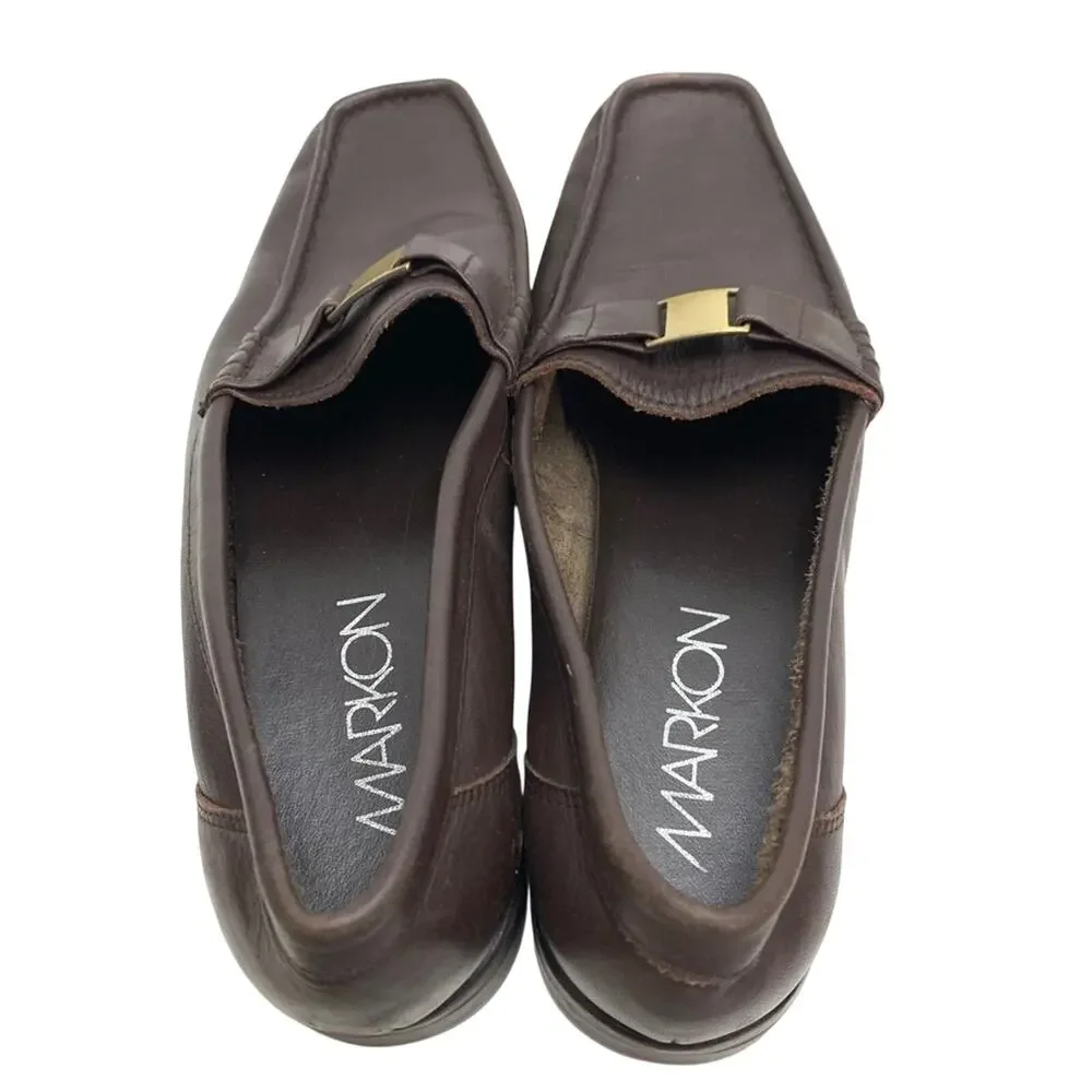 MARKON Womens Square Toe Brown Leather Loafers Flats ALPHA Slip On Shoes sz 10